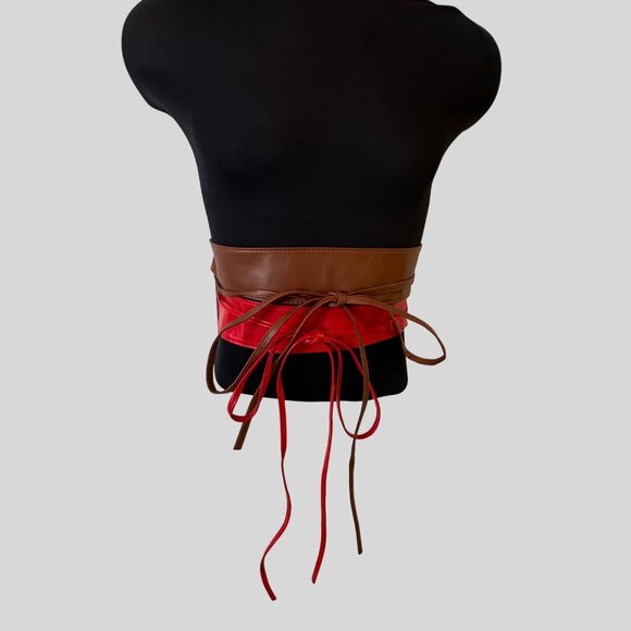 LOT of 2 Red and Brown Faux Leather Wrap Belts Long Ties Adjustable Fit - Picture 2 of 8